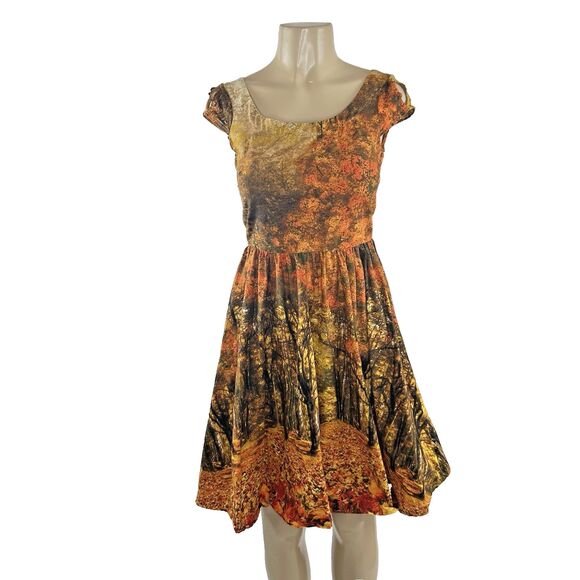 Retrolicious Dress Size XS Fall Forest Autumn Novelty Nature A Line Cap Sleeve - Picture 3 of 11